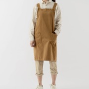 日式时尚纯棉围裙幼儿园定制家用厨房女背带工作服棉质布料男