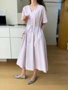 九禾糖果色小众设计感v领连衣裙16630纯色，宽松短袖韩系气质系腰带