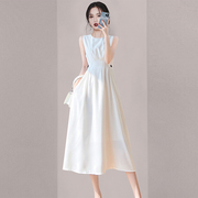 法式女神范白色无袖连衣裙2024夏季女装时尚气质通勤圆领裙子
