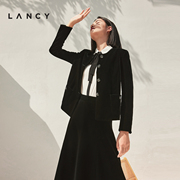lancy朗姿女装2023秋季黑色丝绒短外套女士，气质通勤圆领夹克