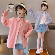女童衬衫春秋款纯棉，长袖薄款外套2024儿童，韩版洋气糖果色衬衣