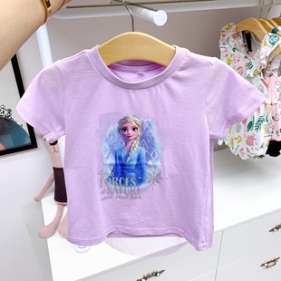 韩国童装夏女童(夏女童，)宝宝洋气浅紫后背，紫纱披肩艾莎公主短袖t恤