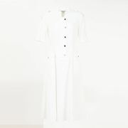 白领夏季女士白色麻纱立领，肩袢多扣大袋，短袖连衣裙masha20-318