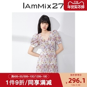 iammix27夏季v领仙女连衣裙，女短袖高腰显瘦粉色，印花雪纺中长裙子