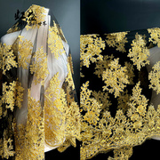 金色高端蕾丝网纱刺绣立体花朵，贴花面料连衣裙婚纱礼服表演服布料