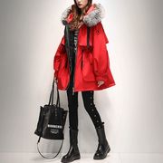红色派克服女中长款2023冬季大毛领时尚韩版加厚工装保暖外套