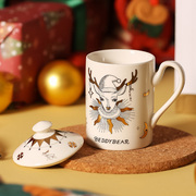 杯具熊圣诞马克杯带盖咖啡杯春节情侣礼物金鹿陶瓷水杯子礼盒装