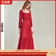 havva2024春季法式长裙，女设计感高腰褶皱，方领连衣裙子q80070