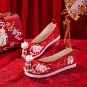 红色婚鞋女平跟秀禾鞋中式敬酒新娘，鞋结婚鞋子，古风汉服搭配鞋