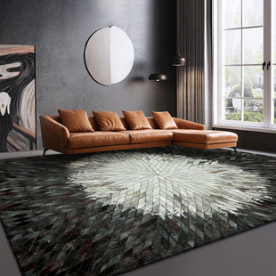 现代轻奢高级牛皮拼接地毯美式黑白复古客厅茶几垫卧室床边毯定制