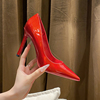 镭射红色高跟鞋2024气质细跟水钻红底尖头婚鞋新娘鞋法式单鞋