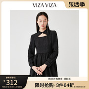 商场同款VIZA VIZA 2023春秋黑裙女长袖立领收腰连衣裙女