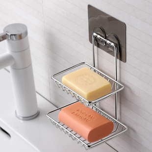 免打孔不锈钢双层肥皂盒吸盘式沥水卫生间壁挂式皂托肥皂架香皂盒