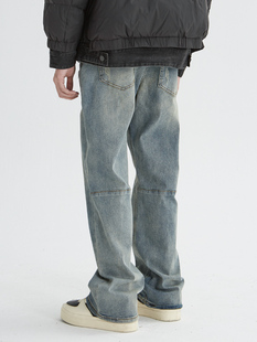 XINYINSU新因素水洗浅蓝做旧牛仔裤直筒破洞复古弹力美式高街长裤