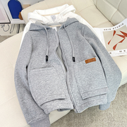 开衫卫衣女2023秋冬新款韩版宽松加绒加厚保暖连帽拉链长袖外套潮