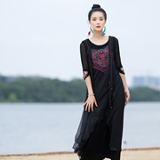 中国风特色复古高档长裙 夏季粗肩带 雪纺丝飘逸刺绣 连衣裙