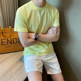 夏季韩版清新色系柠檬黄纯棉，男体恤简约百搭净版短袖潮流圆领t恤