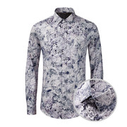 欧美轻奢男装蓝色玫瑰花朵，高清印花长袖，衬衫时尚花卉全棉修身衬衣