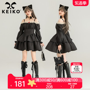 keiko法式黑色吊带连衣裙2024春夏甜辣一字肩收腰显瘦蓬蓬公主裙