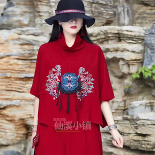 民族风秋季绣花雪尼尔T恤妈妈装大码文艺国风蝙蝠袖红色上衣
