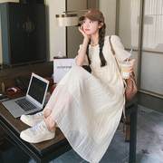 夏季优雅浪漫镂空条纹高腰显瘦长裙法式米，白色泡泡袖连衣裙女