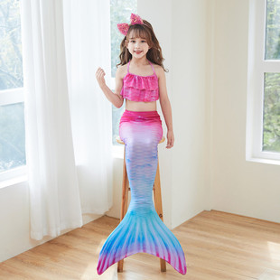 儿童美人鱼泳衣演出泳装三件套鱼尾巴大中小女童公主裙比基尼服装