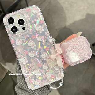 粉色镭射hellokitty蓝牙耳机壳适用苹果15手机壳iphone14promax女款15pro13防摔12硬壳11硅胶女生高级感