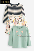 英国Next女童绿色黑白涂鸦条纹卡通长袖T恤纯棉D65-054
