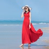 红色裙女夏季大裙摆修身无袖雪纺，沙滩长款v领高腰显瘦白色连衣裙
