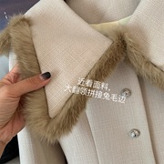兔毛娃娃领毛边编织毛呢，外套2023冬季中长款单排扣纯色呢子大衣女