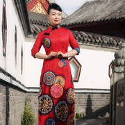 中国风旗袍秋季长款红色民族风斜襟日常短袖旗袍优雅连衣裙