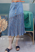 半身裙525 欧洲站夏季女装蓝色牛仔系腰带拼接褶皱裙子潮