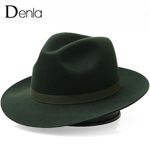 denla咔叽风墨绿色礼帽英伦复古爵士帽子男韩版百搭纯羊毛呢女帽