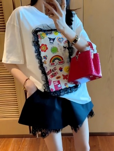 纯棉白色韩国东大门时尚卡通印花蕾丝拼接百搭短袖T恤上衣女