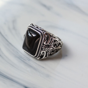 925纯银原创设计复古个性，百搭黑玛瑙戒指，男十字宽版开口指环食指