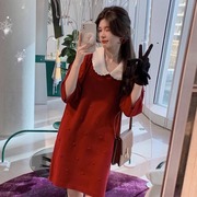 欧洲站法式复古小香风红色毛衣裙子女秋冬显瘦打底针织洋装