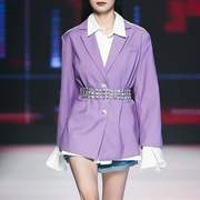 澳洲走秀款小2024春季时尚气质西装领设计宽松紫色外套女长袖