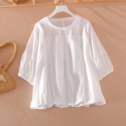 白色蕾丝衫女夏季短款洋气衬衫镂空宽松七分灯笼袖娃娃衫圆领上衣