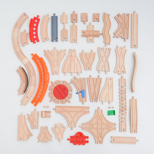 进口榉木木制火车轨道配件散轨套装兼容BIRO家益智拼插玩具