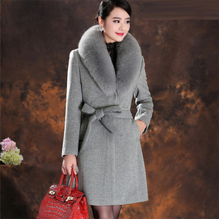 真狐狸毛领羊绒大衣女，小个子秋冬款修身中长款显瘦毛领羊毛呢外套