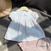 韩国设计款女童，夏季上衣薄款白色绣花翻领，短袖娃娃衫衬衫