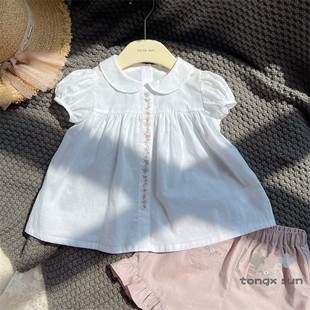 韩国设计款女童夏季上衣，薄款白色绣花翻领，短袖娃娃衫衬衫