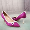 36-37码紫色印花织物蝴蝶结，猪皮真皮里女鞋子尖头浅口单鞋p110-2
