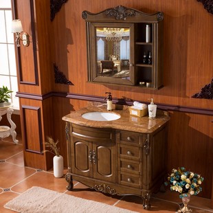 欧式实木仿古浴室柜镜柜组合美式橡木卫浴柜卫生间大理石洗漱台盆