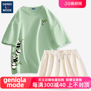 geniolamode短袖短裤运动套装女2024夏季初中生，纯棉t恤两件套