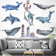 墙贴海豚鲸鱼水彩手绘灯塔海洋地中海自粘墙壁纸客厅卧室床头宿舍