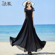 黑色连衣裙女长款2024夏季收腰显瘦雪纺长裙时尚，蕾丝拼接气质