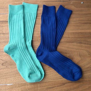 外贸男士袜子双针绅士，蓝色竖条纹纯棉，秋季男袜绿色中筒吸汗透气