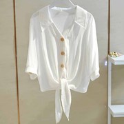 白衬衫女半袖夏胖mm大码宽松显瘦系带，打结衬衣短袖雪纺衫上衣