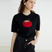 范洛2022春夏黑色针织衫T恤女日系番茄提花撞色减龄短袖上衣